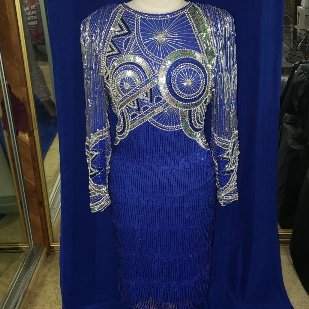 Vintage flapper navy blue sequin, bead &faux pearl